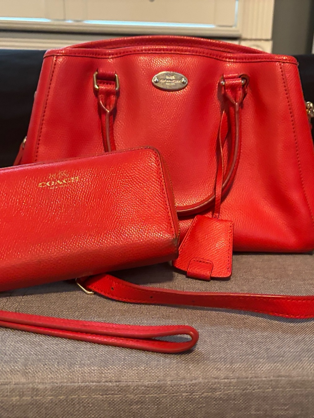 Coach Red Leather Satchel with Matching Wallet and Strap